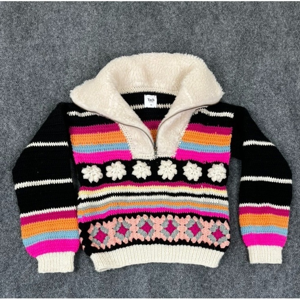 Tach By Free People  Ornella Crochet Multicolor 100% Merino Wool Sweater Size S